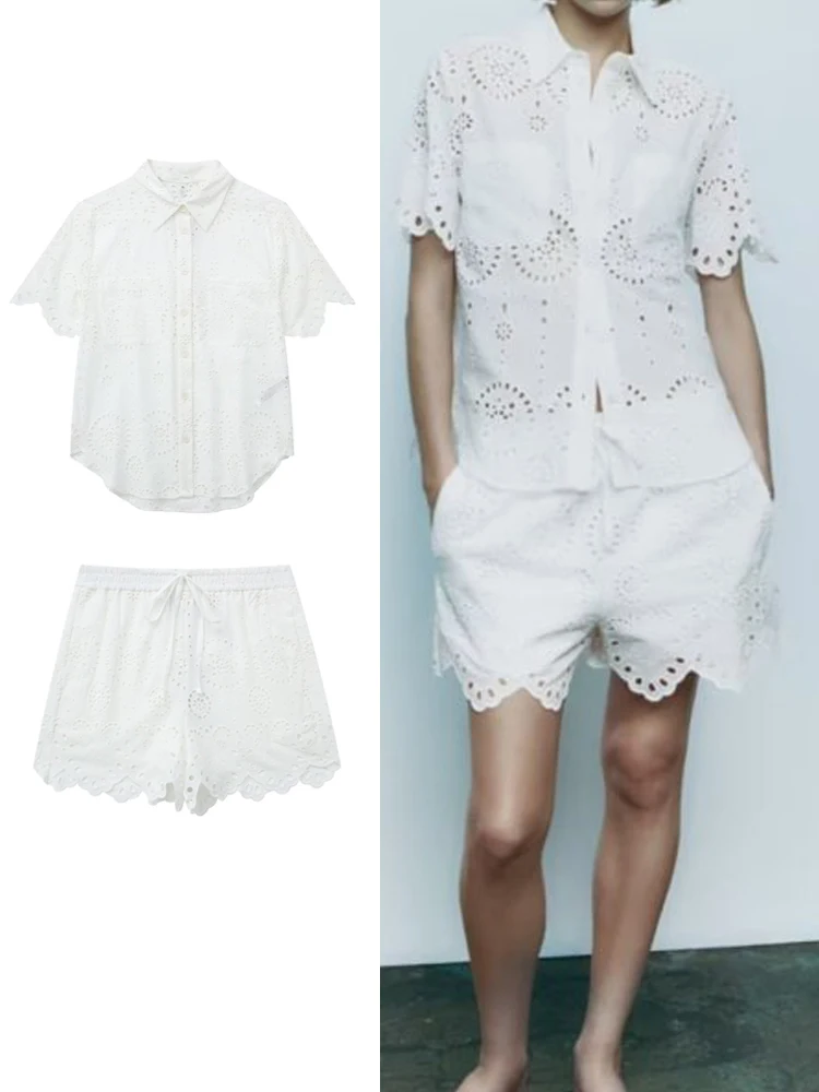 

Женский комплект с вышивкой и шортами, летний модный однобортный Топ с коротким рукавом и карманами, повседневные трапециевидные шорты, TRAF 2023