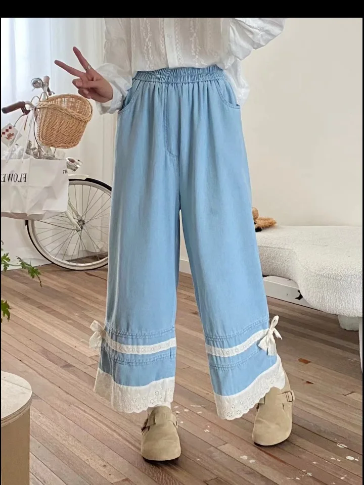 Джинсы женские с высокой талией и кружевом в стиле ретро