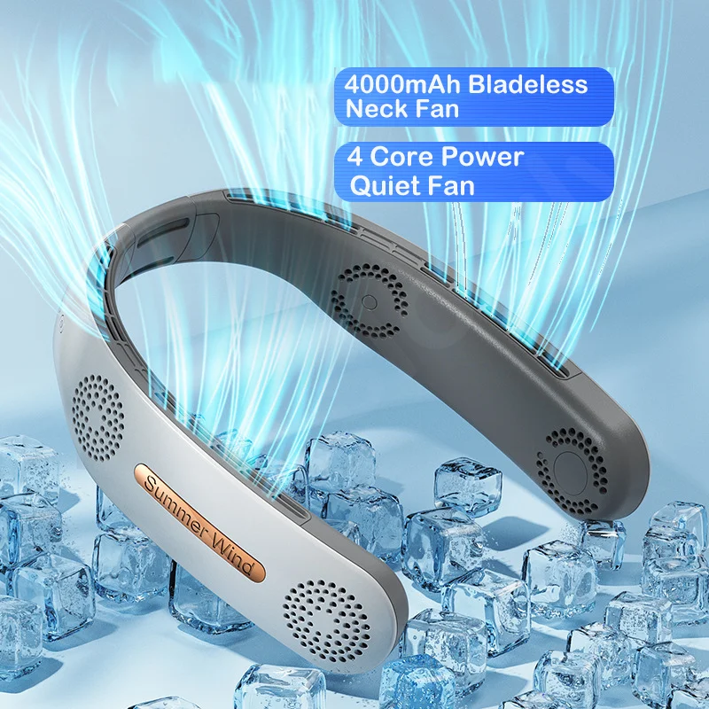 

Electric Wireless Neck Fan 4000mAh Bladeless Hanging Neck Fans Quad-core USB Rechargeable Fan Mute Portable Cooling Ventilador
