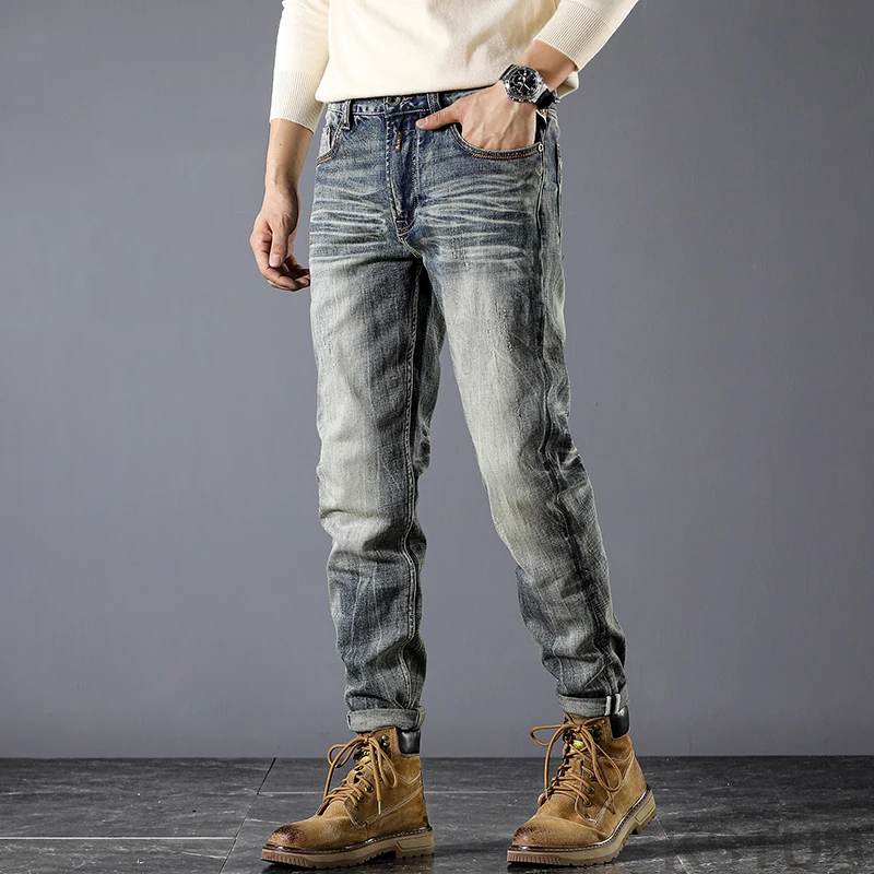 Мужские Стрейчевые джинсовые брюки облегающие для фитнеса в винтажном стиле