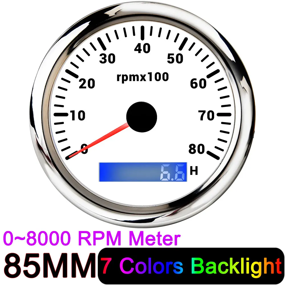 HD 7 цветов с подсветкой 85 мм тахометр для автомобиля, морской лодки, тахометр с счетчиком часов REV, измеритель двигателя 8000 об/мин