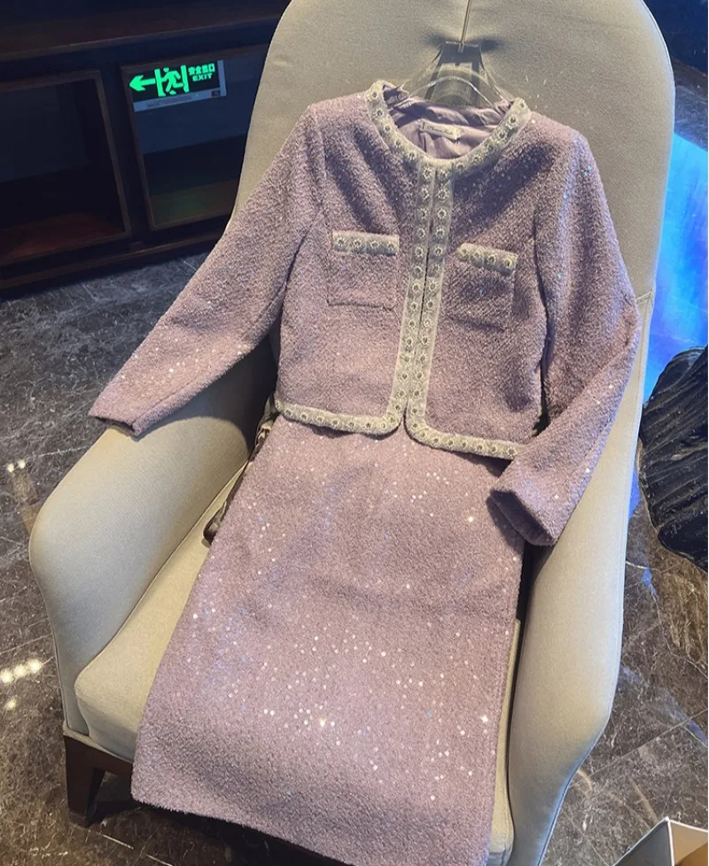 Новые элегантные твидовые комплекты из двух предметов женские фиолетовые