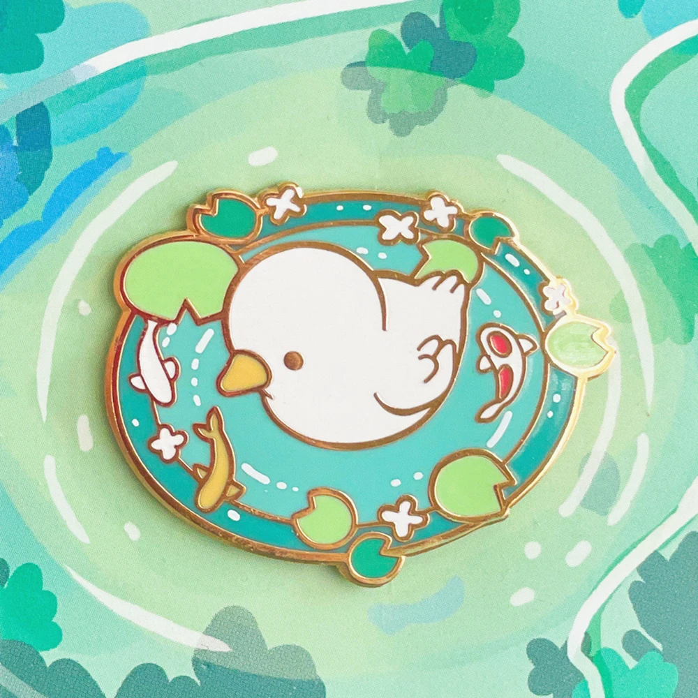 

Kawaii Cartoon Duck Leaf Hard Enamel Pin Cute Goldfish Pond Swim Brooch Funny Animal Badge Jewelry