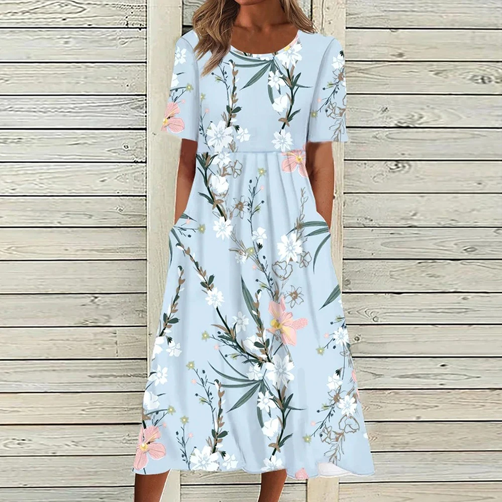 

Vintage Floral Print Dresses For Women Elegant Summer O Neck Short Sleeve Midi Dress Beach Boho Party Dress Women Casual Vestido