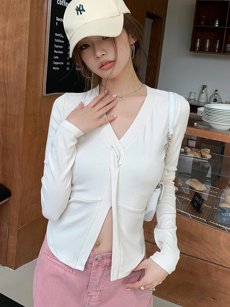 

Женская футболка BOBOKATEER с V-образным вырезом, женские топы, новые стильные женские футболки, осенние женские футболки с длинным рукавом, женская блузка