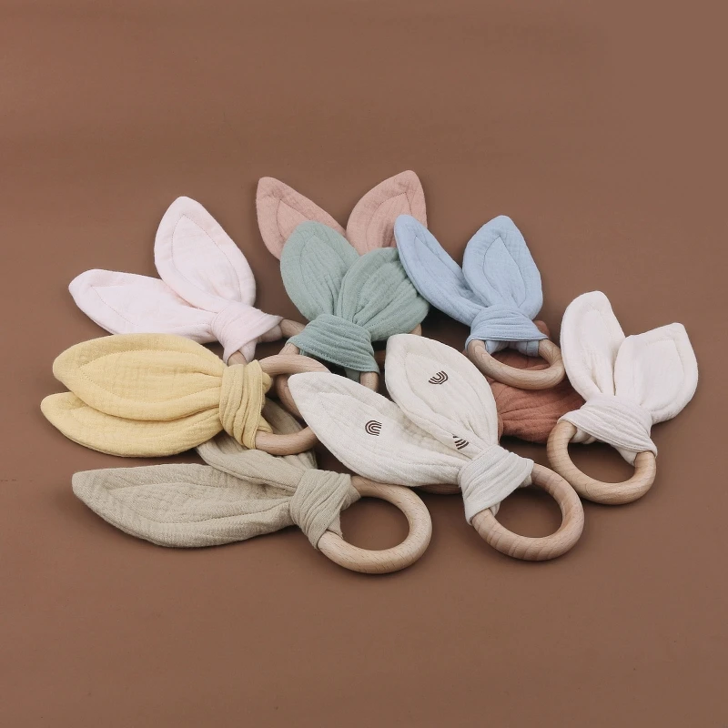 

Safety Baby Wooden Hand Grasp Toy Soft Cotton Cute Rabbit Ears Teether Bracelet Comforting Toy Teething Ring Sensory Rattle Toy
