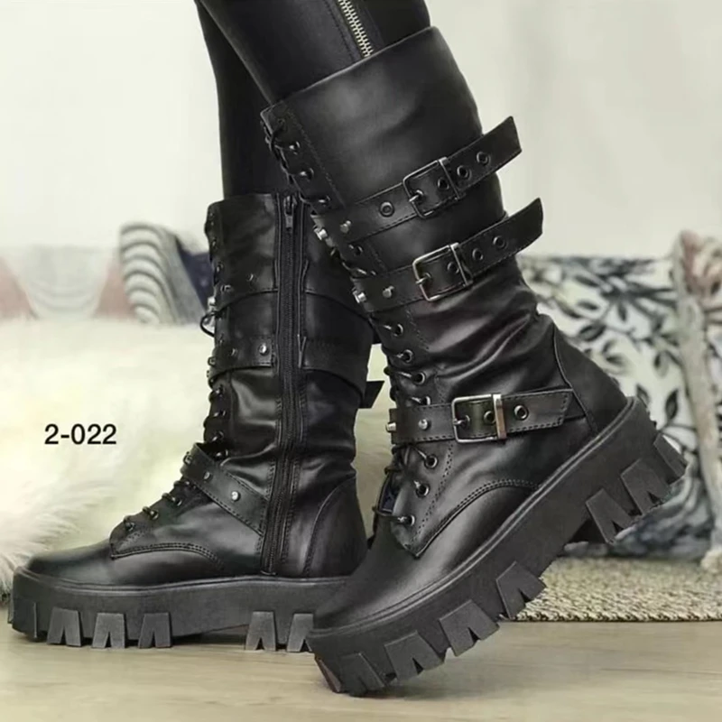 Punk Goth Women Motorcycle Boots Buckle Chunky Heel Platform Shoes Rock Kpop Dark Luxury Brand Combat Boots Woman Boots Classics