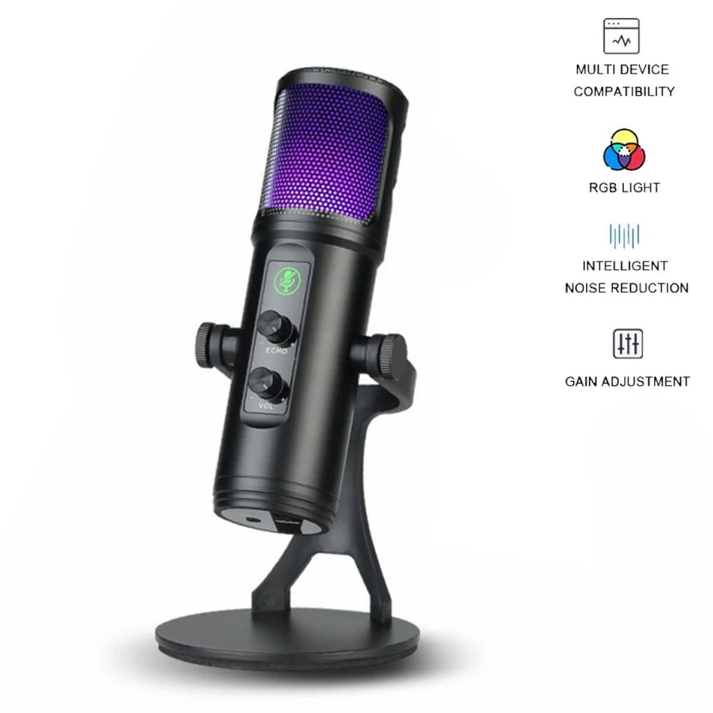 

USB Microphone with RGB Light Tripod Condenser Microphone For PC Computer Streaming Studio Recording Podcast Video Gaming Mic