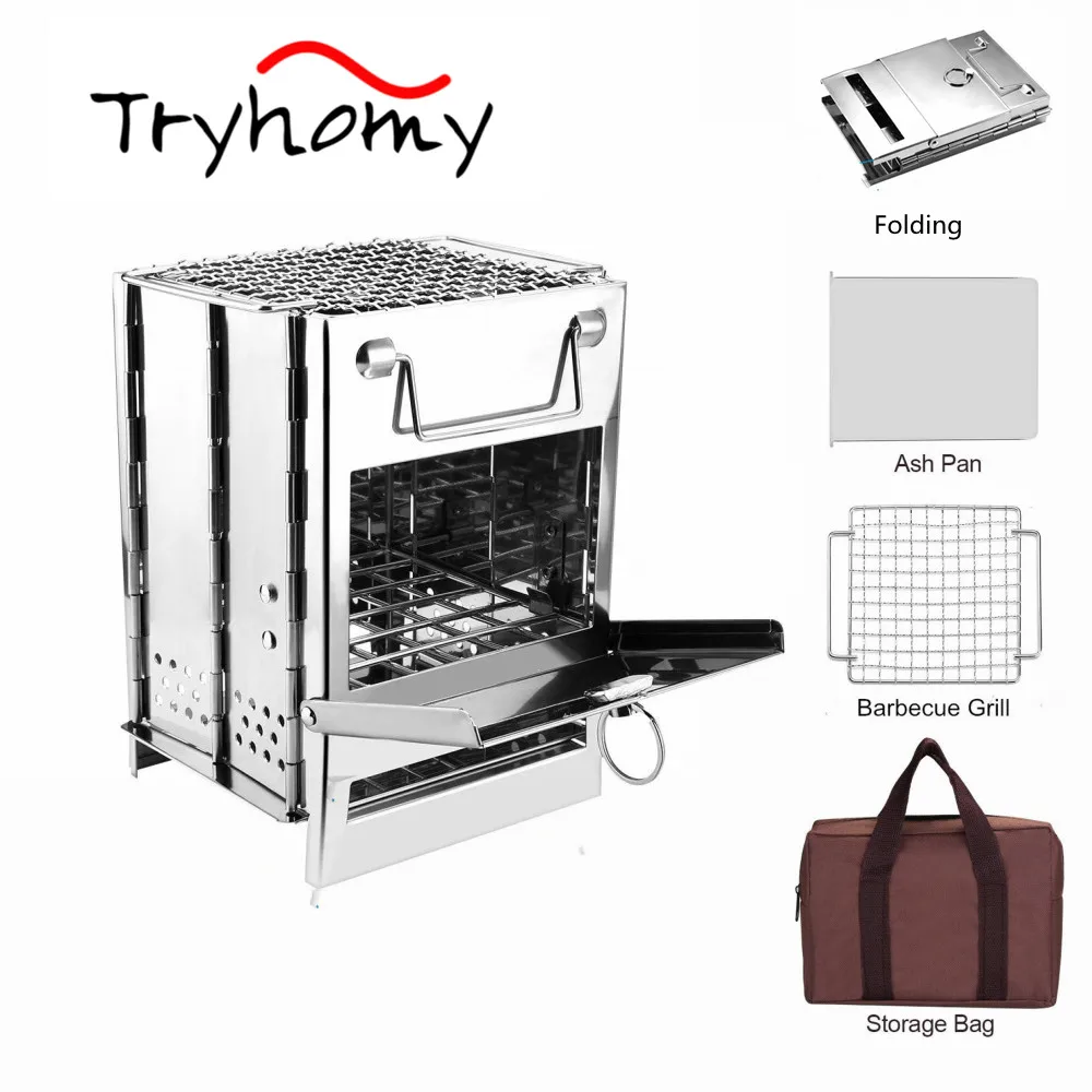 

Camping Firewood Stove Portable BBQ Wood Burning Stove Stainless Steel Backpacking Hiking Picnic Cooking Folding Barbecue Grill