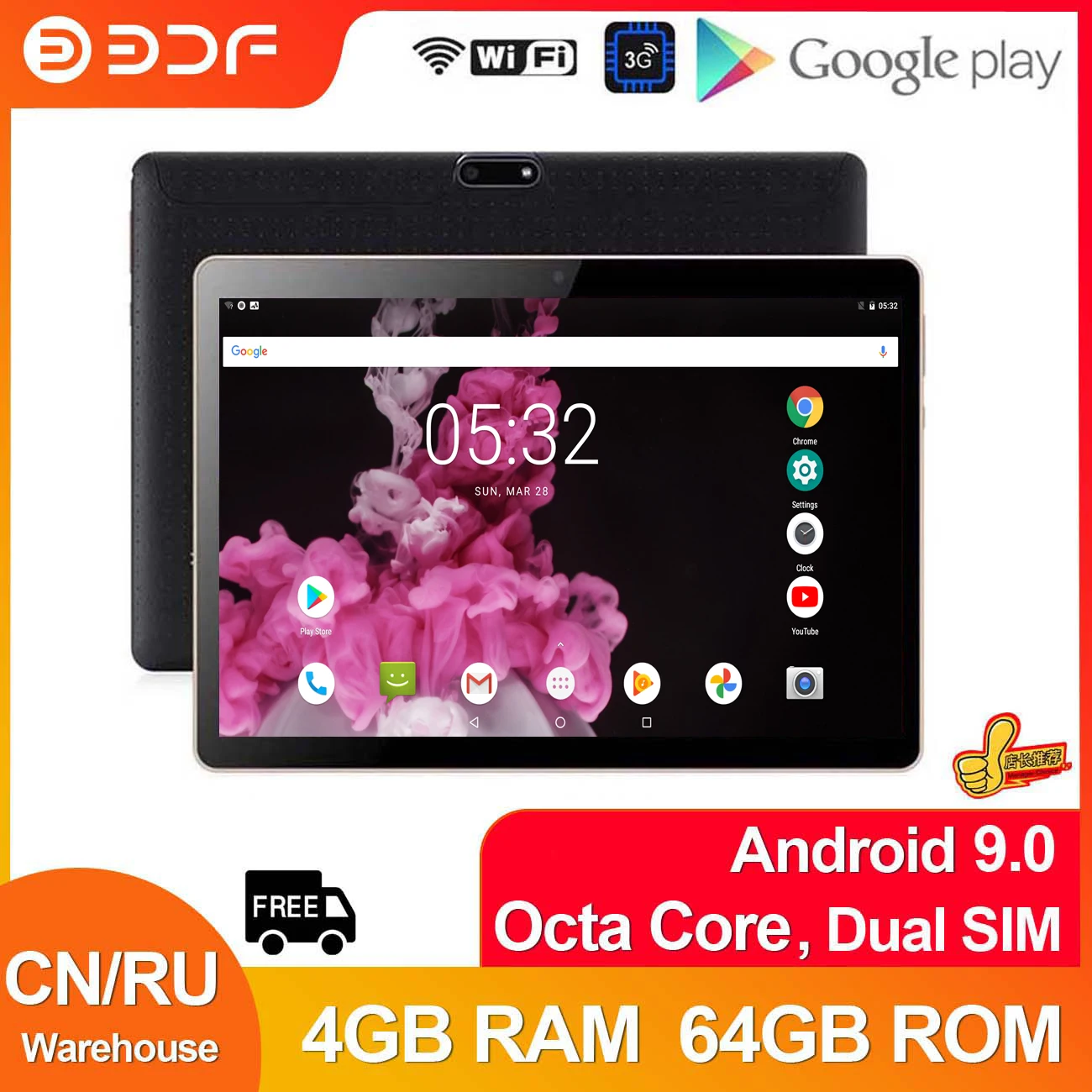 BDF 2022 New Tablet 10.1 Inch 4GB RAM 64GB ROM Octa Core 3G+Wi-Fi SIM Phone Calls Google Play Type-C Android 9.0 Tablets Pc