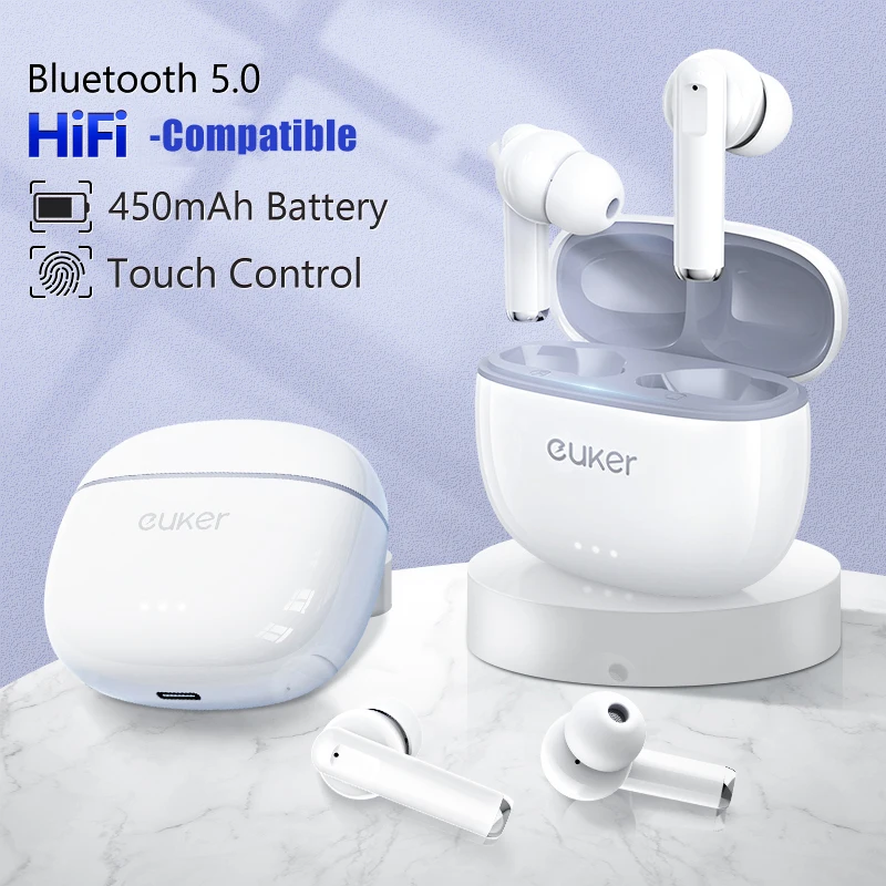 

Bluetooth 5.0 Headphones Wireless Hi-Fi Stereo EarbudsTouch Control Noise Canceling Earphone IPX5 Waterproof with USB-C Charging