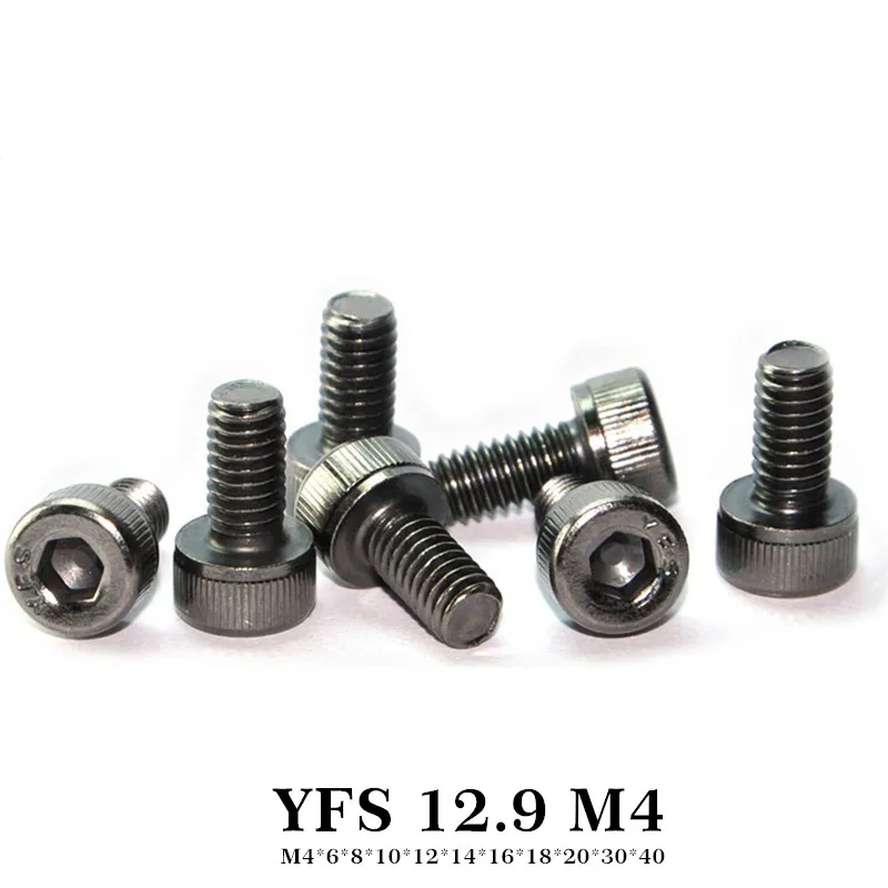 100Pcs YFS M4 Hexagon Socket Head Cap Allen Bolt Screw M4*6*8*10*12*16*20~50mm Grade 12.9 Black Nickel Plating Antirust Screws