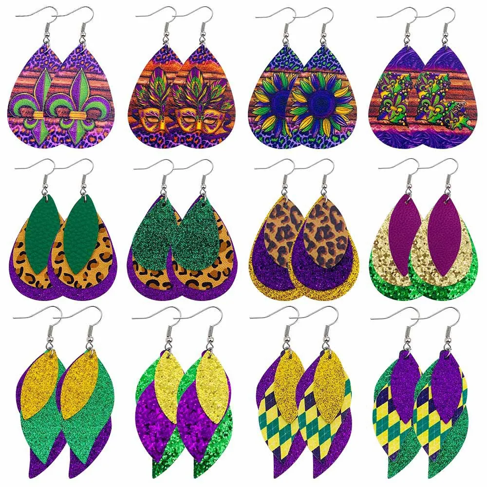 

Mardi Gras Leather Earrings For Women Fashion Boho Painted Plant Teardrop Earring 3-Layers Leaves Earring Brazil Holiday Jewelry