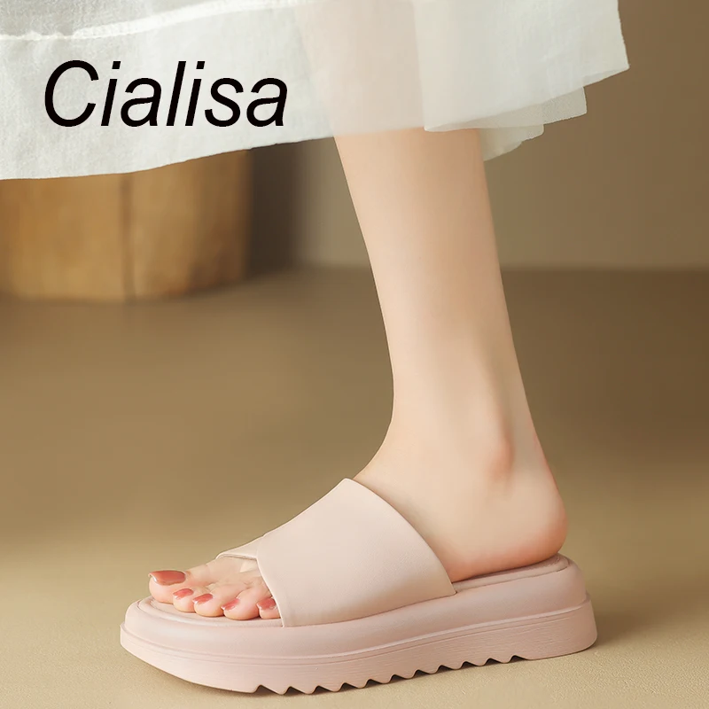 

Cialisa Flats Slipper Woman Concise Genuine Leather Women Shoes Summer New Comfortable Mid Heels Casual Slippers For Ladies 40
