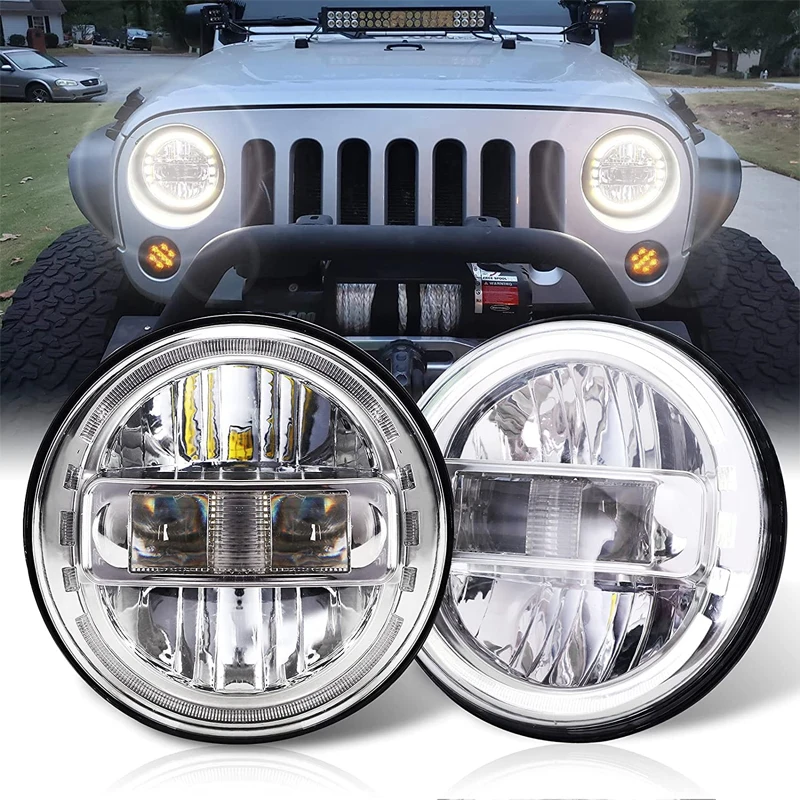 

BITCUK 7" LED Halo Headlights Off Road Car 7inch Led Lamp H4 with Angel Eye for Jeep Wrangler Lada Niva 4x4 Beetle Classic
