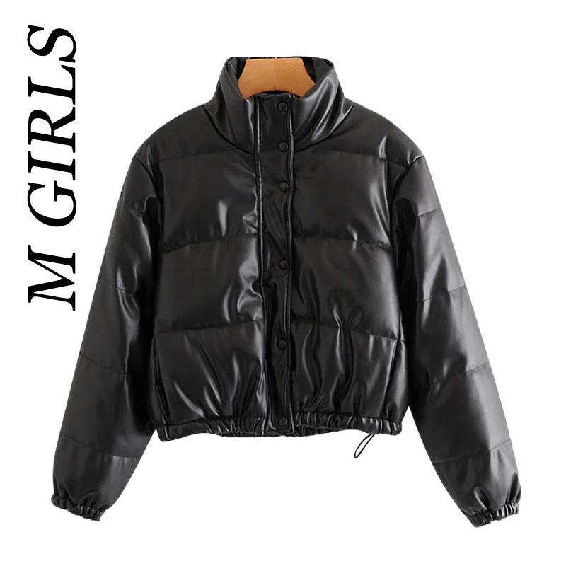 M GIRLS Women Fashion Faux Leather Padded Jacket Thick Warm Parka Coat Vintage Long Sleeve Female Outerwear Chic Tops
