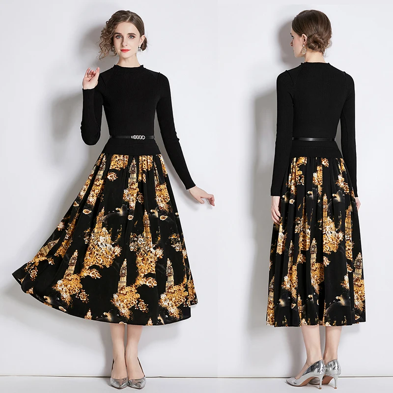 

Женское элегантное базовое платье, элегантное приталенное трикотажное платье в стиле ретро с длинным рукавом, воротником-стойкой и принтом...