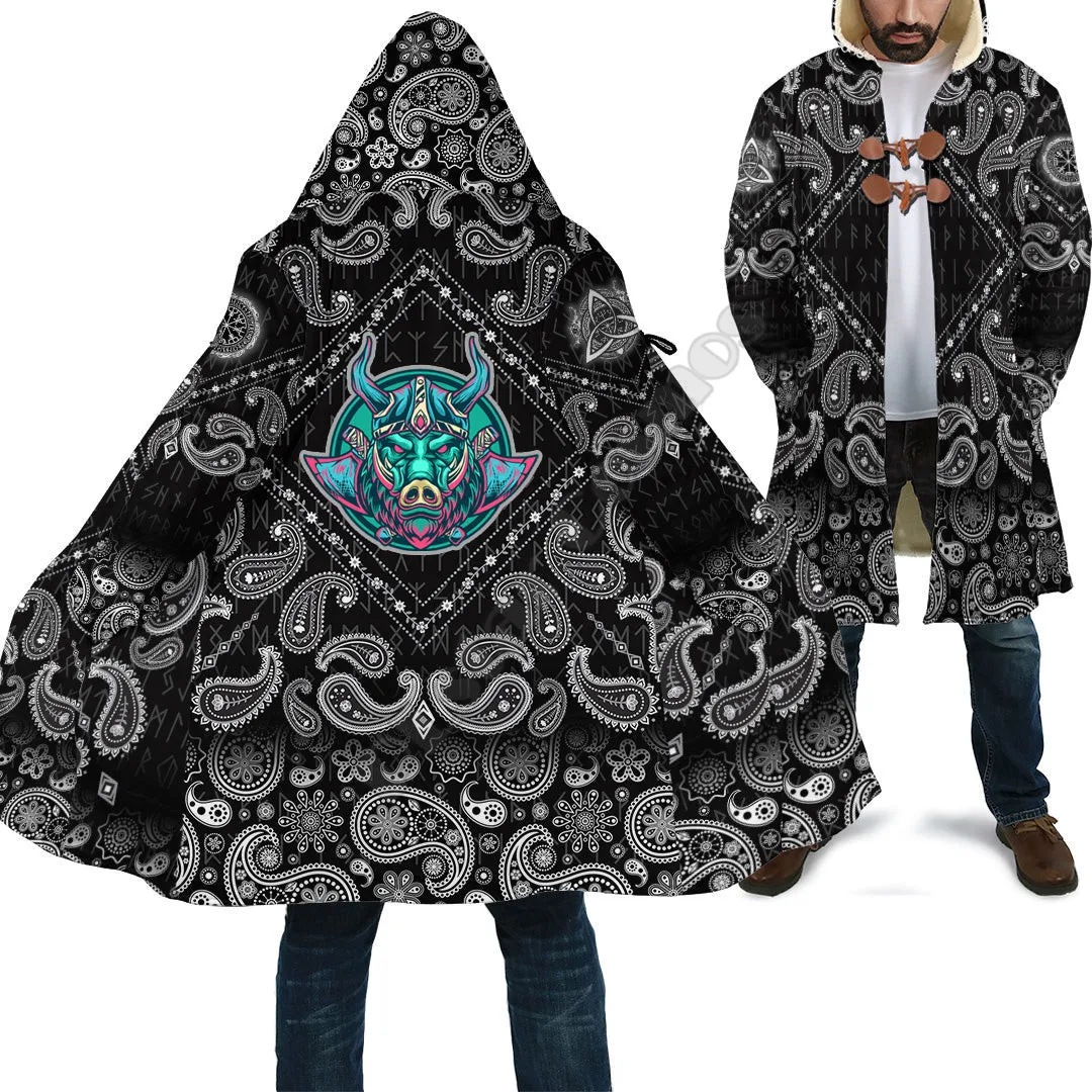 Viking Cloak Boar with Bandana Paisley Style 3D Printed Winter Men/Women Hooded Cloaks Fleece Wind Breaker Unisex Warm Overcoat