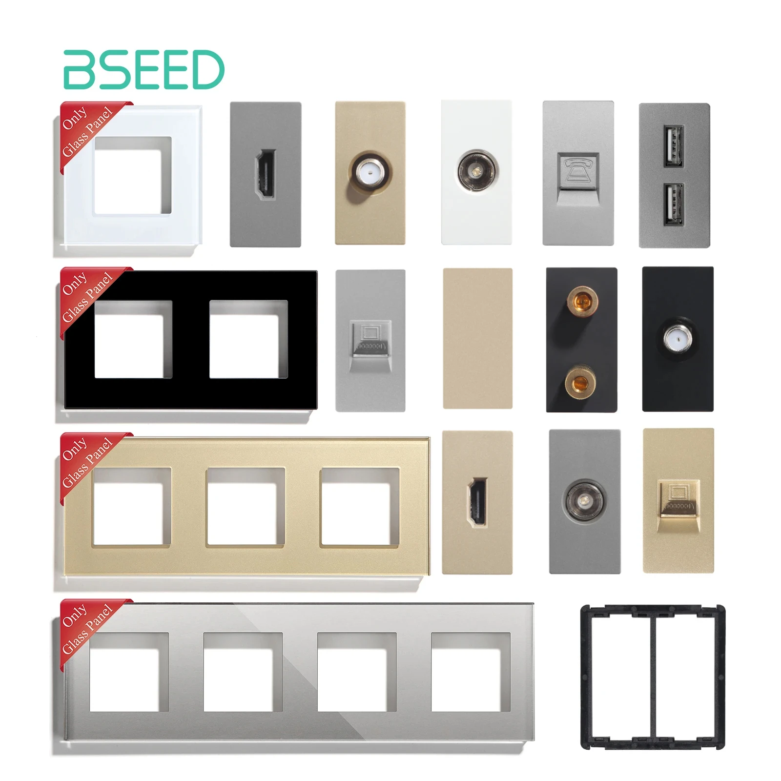 Стеклянные рамки BSEED, евростандарт, HDMI, телефонные розетки, модуль, часть, Интернет, настенные розетки, ТВ, функция «сделай сам», USB CAT5, детали для спутников