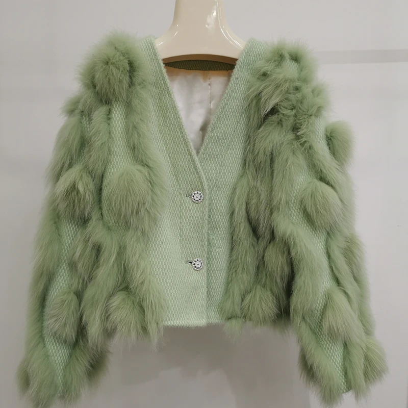 2022 Winter New Women's Fox Fur Grass Jacket Knitted Cardigan Big Fox Fur Cotton Candy Fashion Jacket V-neck elastic