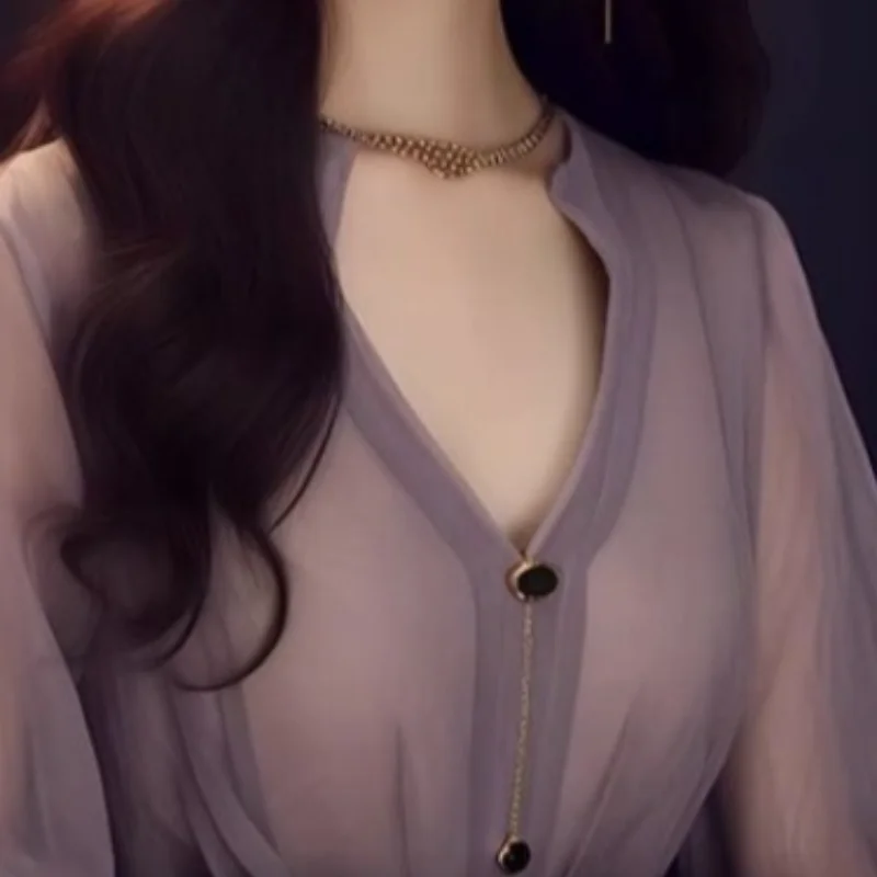 Блузка женская шифоновая в стиле ретро роскошная сухая рубашка фиолетового