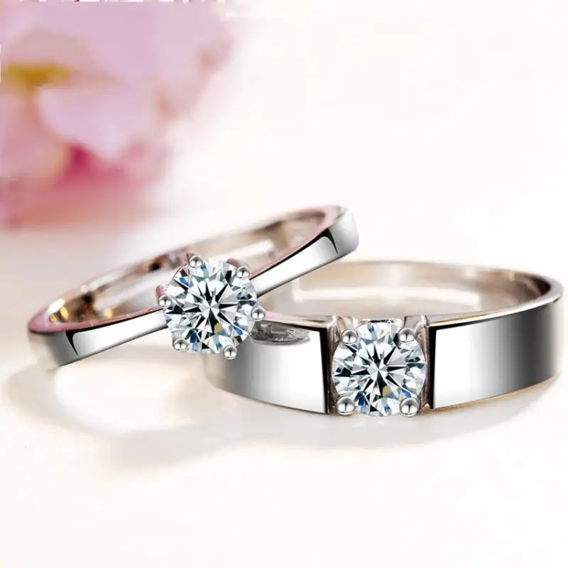 

HOYON 925 silver color couple ring live mouth male and female wedding ring open size simulation diamond style ring jewelry gift