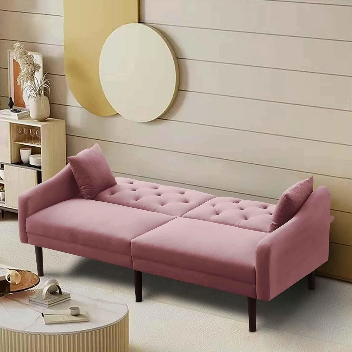 Convertible Sleeper Futon Sofa with 2 Pillows Pink 3