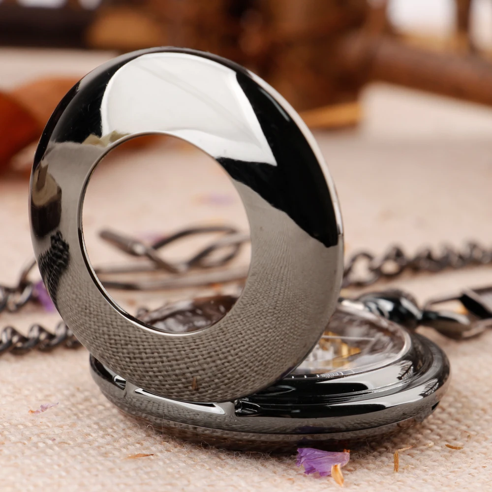 Fashion Black Smooth Transparent Glass Cover Pocket Watches Mechanical For Men Women Steampunk Vintage Necklace With Chain Gifts