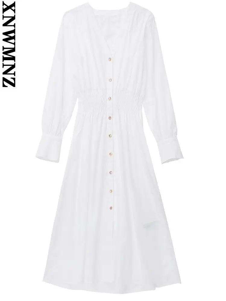

XNWMNZ, элегантные женские модные белые платья-рубашки средней длины на пуговицах спереди, винтажные женские платья с длинным рукавом и эласти...