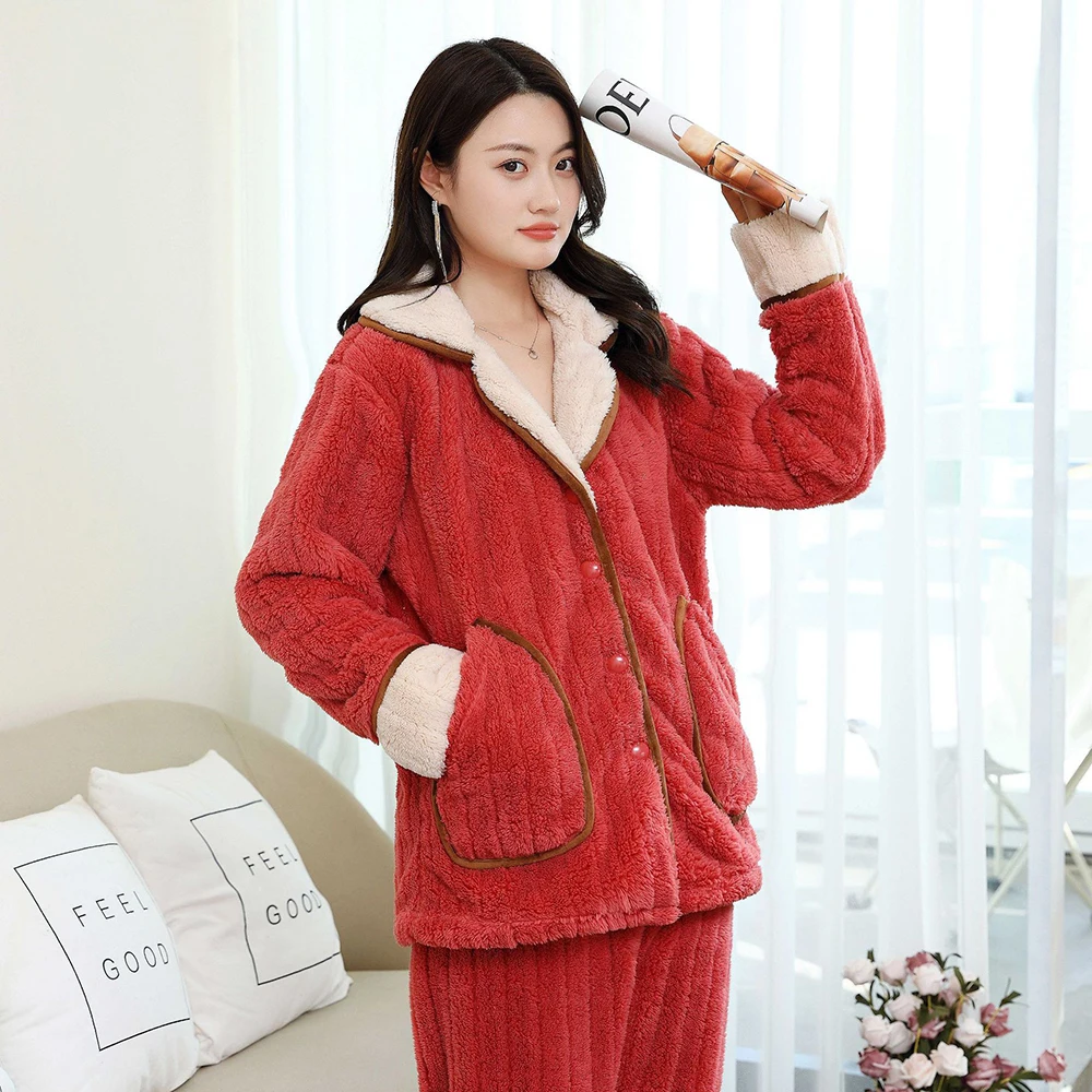 Women's Winter Warm Thin Pajama Suit Length To The Ankle Polyester Comfortable Solid Lapel Button Style Leisure Wear With No Hat