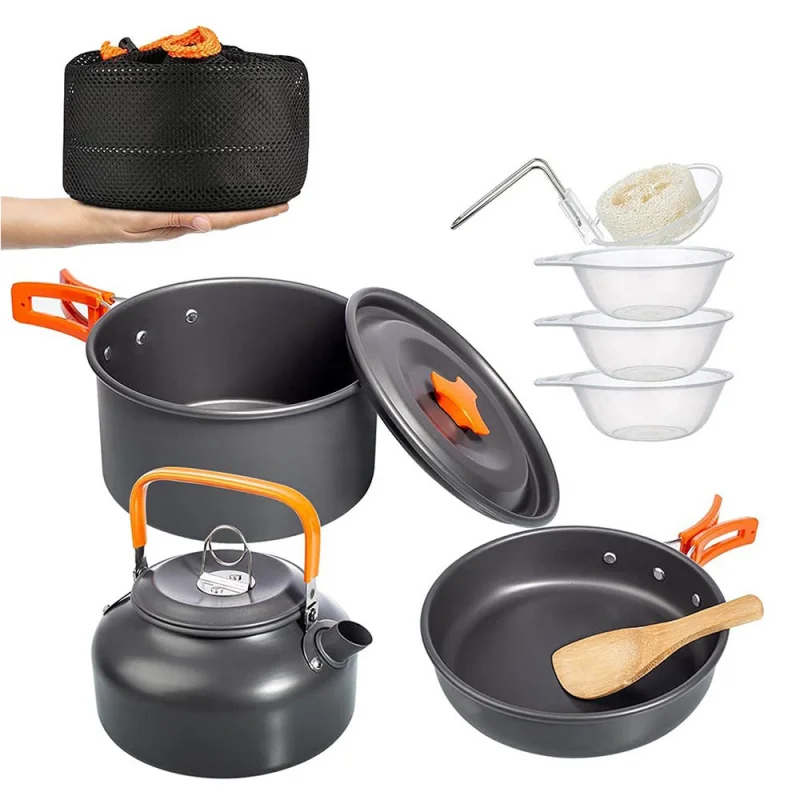 

Outdoor Camping Teapot Cooking Pot Frying Pan Three-Piece Portable Aluminum Oxide Material Barbecue Picnic Hiking Tableware