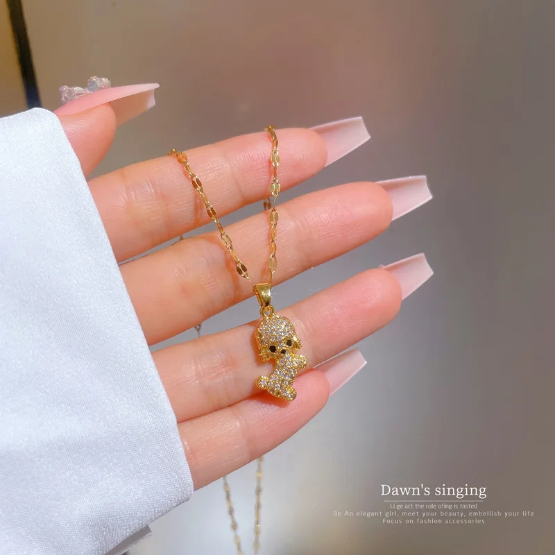 Cute Lovely Dog Animal Crystal Pendant Necklace for Women Men Couple Stainless Steel Chain Choker Fashion Jewelry Wedding Gift