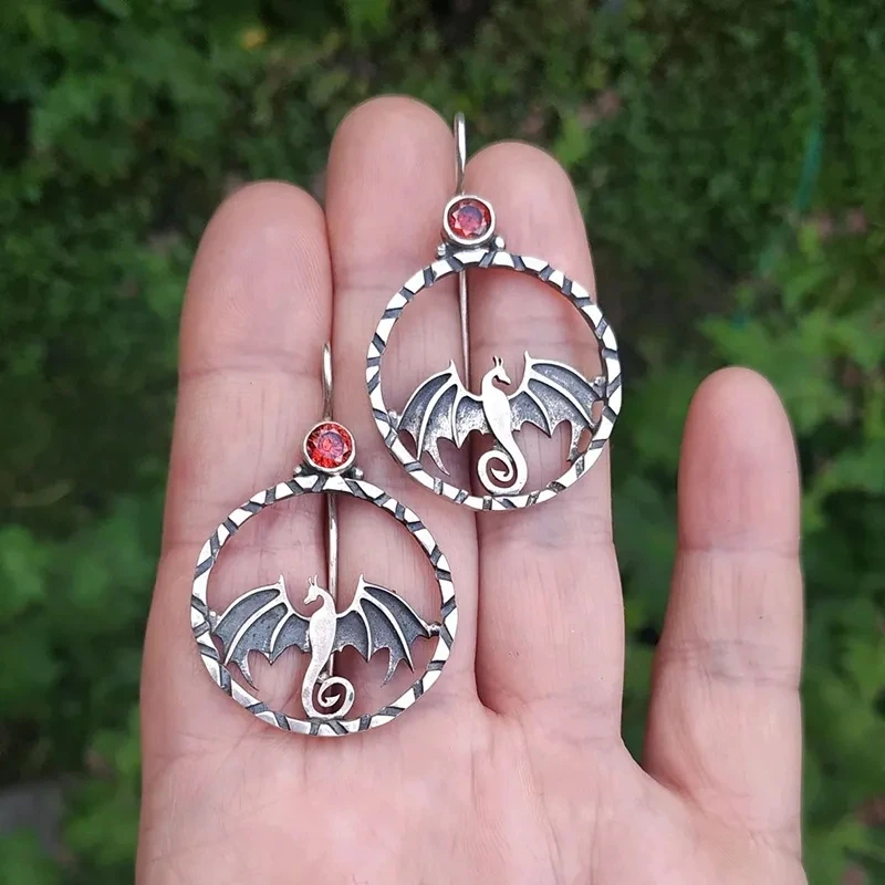 

Exquisite Carving Dragon Drop Earrings Gothic Jewelry Silver Color Animal Red Blue Stone Earrings Women Accessories