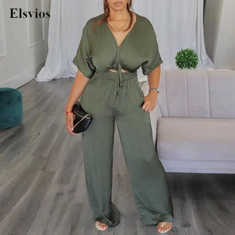 

Fashion Casual Bandage Wide Leg Pants Jumpsuit Women Elegant Short Sleeve Playsuit Solid Sexy V Neck Hollow Out Romper Overalls