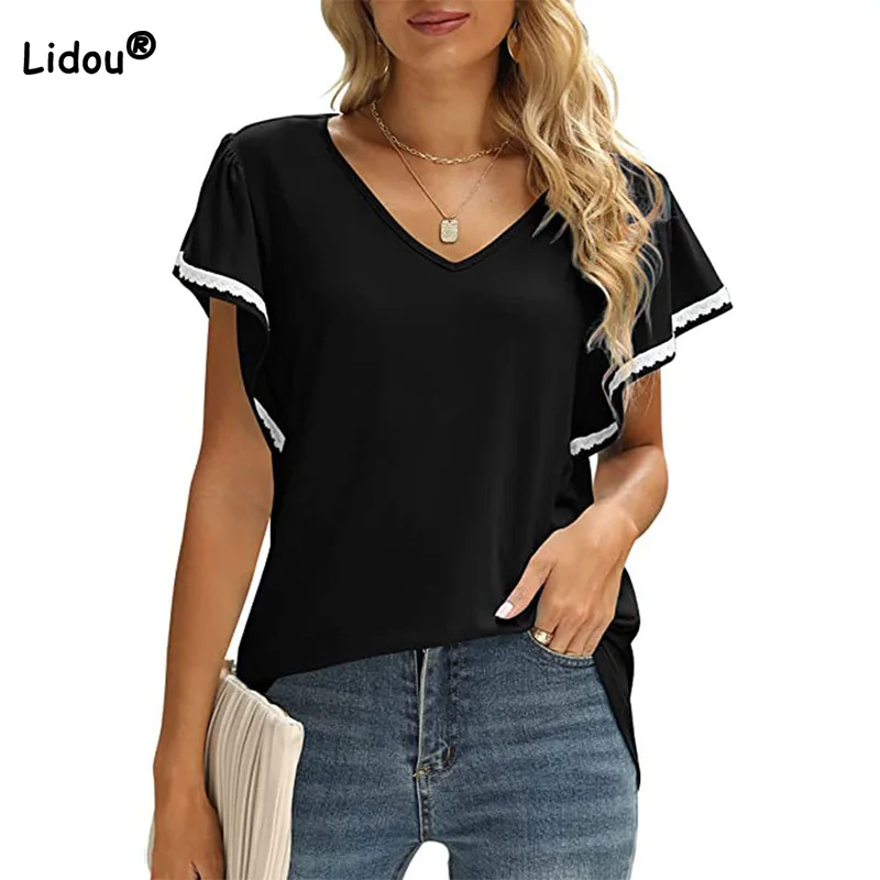 

2022 Summer New Simplicity Solid Color V-Neck Splicing Ruffles Sleeve Casual T-shirts with Short Sleeves Loose Black Women Top