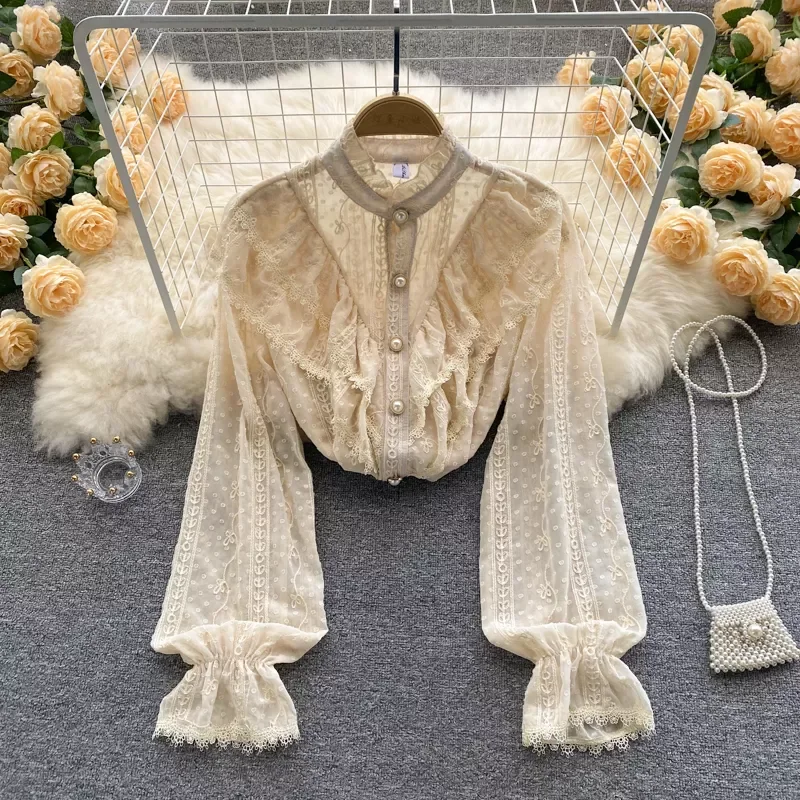 

NEW 2023 Elegant French Blouse Women Temperament Sweet Ruffles Loose Casual Tops Spring Long Sleeve Streetwear White Shirts