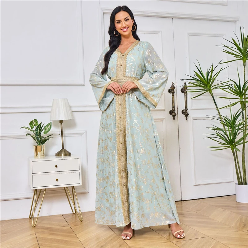 

Moroccan Djellaba Floral Print Elegant Women Muslim Abaya Long Sleeve Deess Turkey Gulf Jalabiya Dubai Kaftan Evening Eid Party