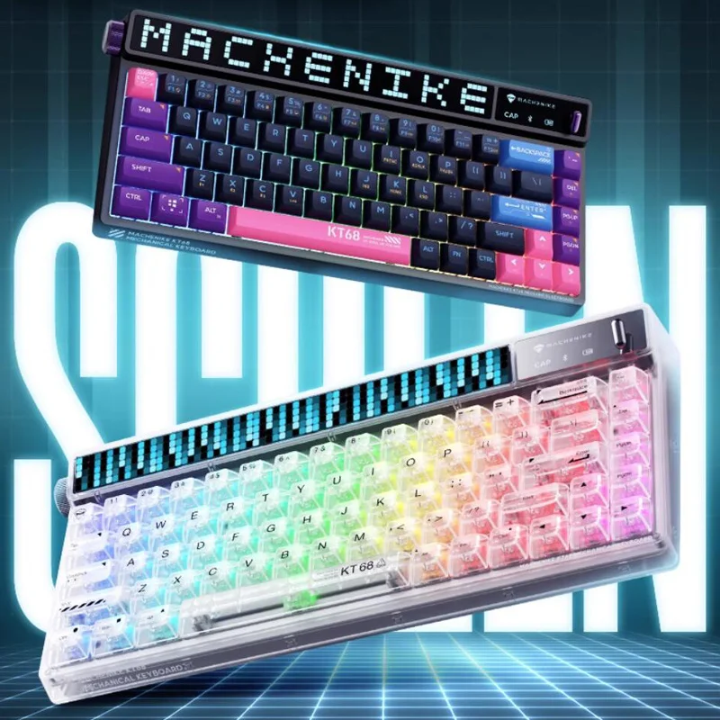 Клавиатура Machenike Kt68 с тремя режимами, умный динамический экран, Rgb подсветка, горячая замена, Механическая игровая клавиатура Pbt, поворотный переключатель, 68 клавиш