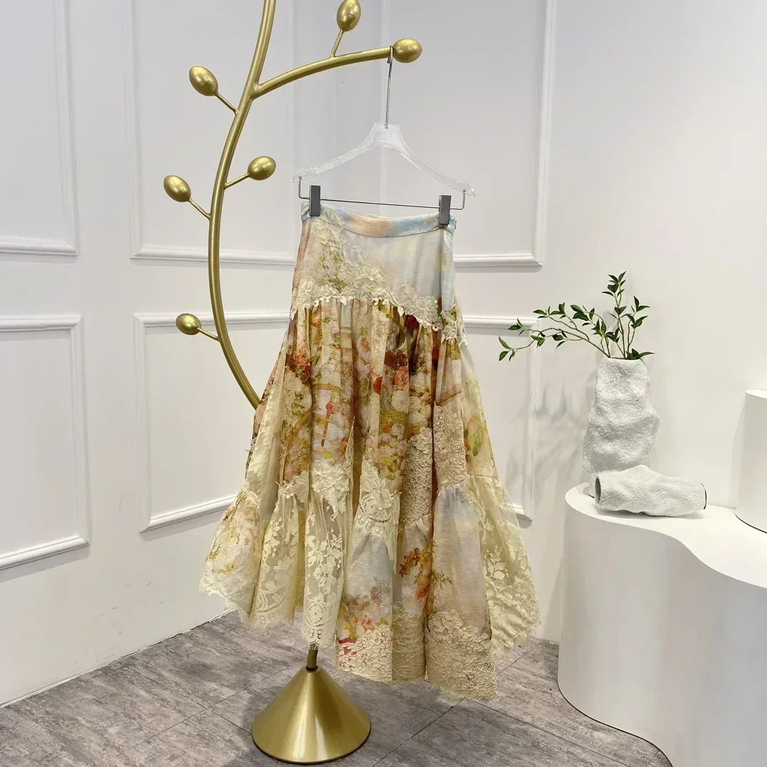 

Женская Асимметричная юбка миди, кружевная Лоскутная юбка с цветочным принтом, рюшами и асимметричным подолом, 2023