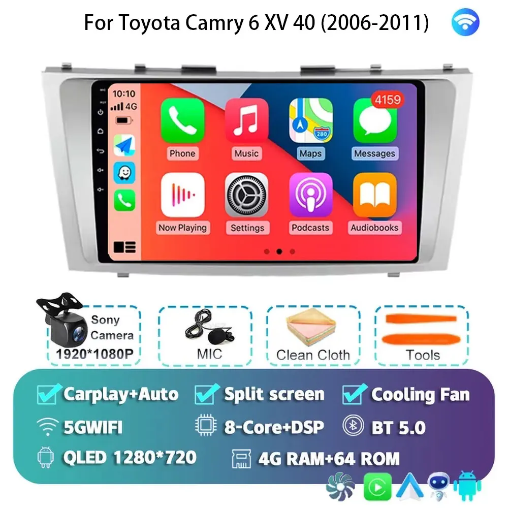 

Android 15 для Toyota Camry 6 XV 40 50 2006-2011 Автомагнитола WIFI 4G Навигационный головной убор Carplay Стерео Android Auto Беспроводной QLED