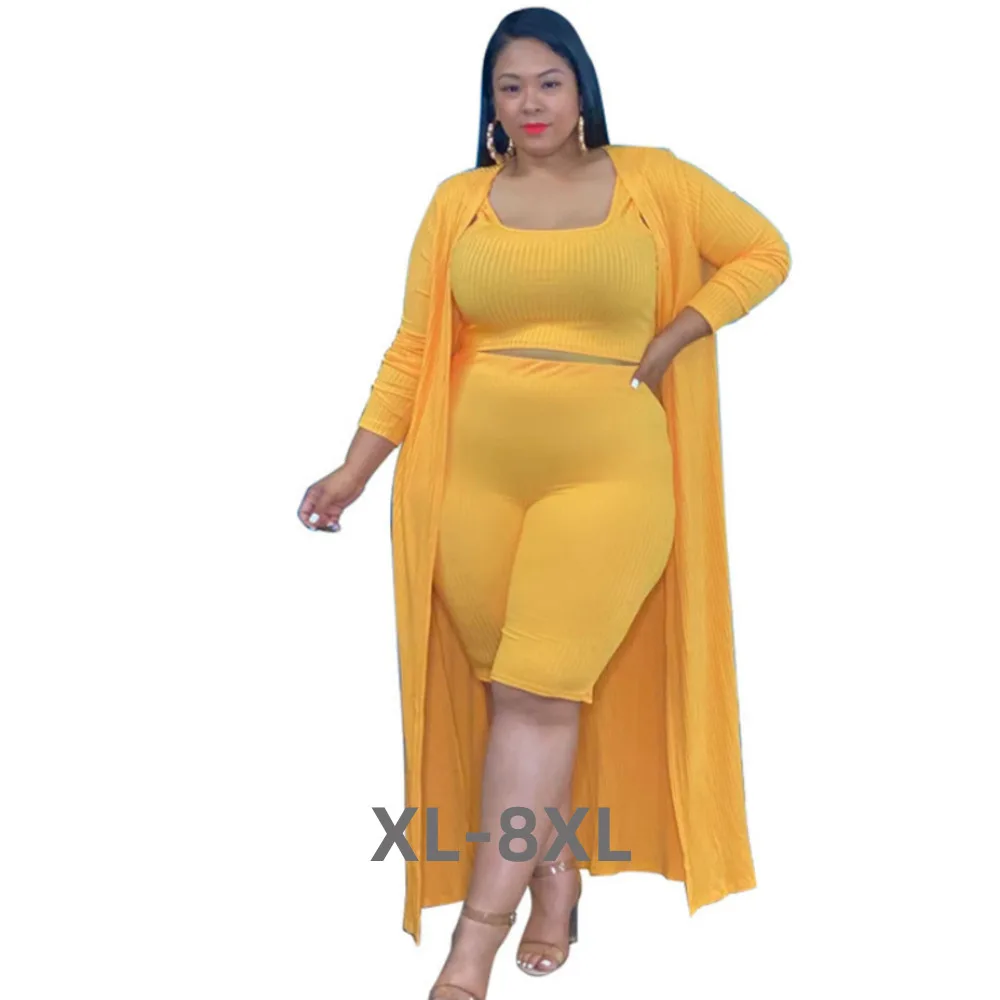 

Plus Size Three Pieces Set for Women Ribbed Clothing Vest Tops and Shorts Long Sleeve Coat Fall Casual Knitted 3xl 4xl 5xl 6xl