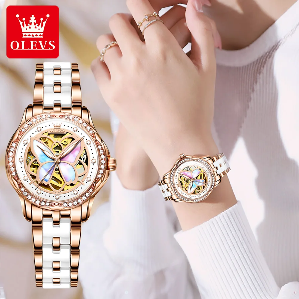 OLEVS 2023 New Skeleton Design Women's Watches Top Brand Luxury Diamond Ceramic Automatic Mechanical Watch Women Montre Femme enlarge