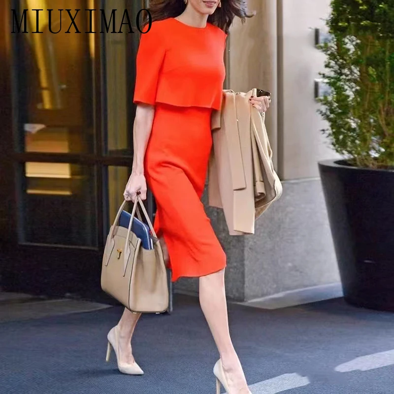 MIUXIMAO 2023 Summer Elegant Office Lady Dress Short Sleeve O-Neck Solid Fashion Knee Length Dress Women Vestides