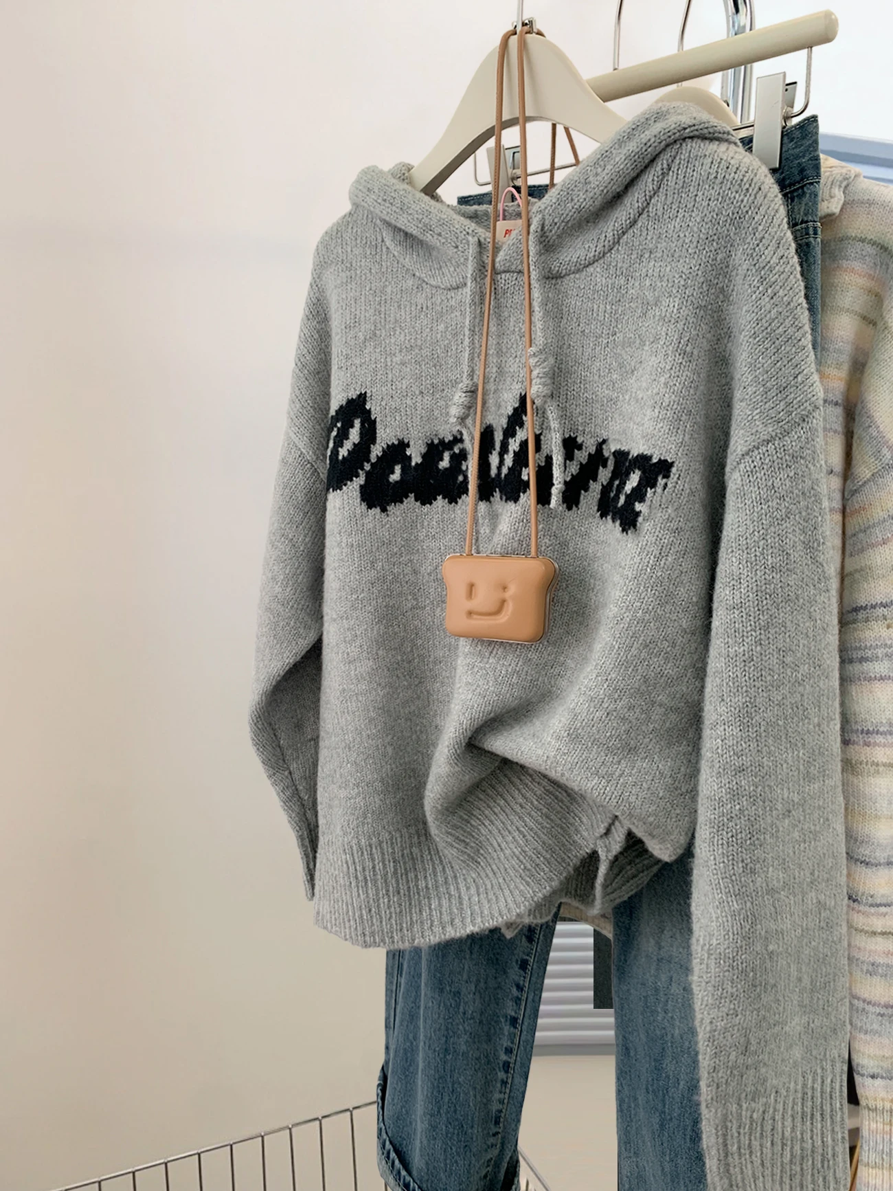 Gray Hood Pullover Sweater Women Autumn and Winter Soft Glutinous Idle Sle Thickened Knit Hoodie Outerwear Top