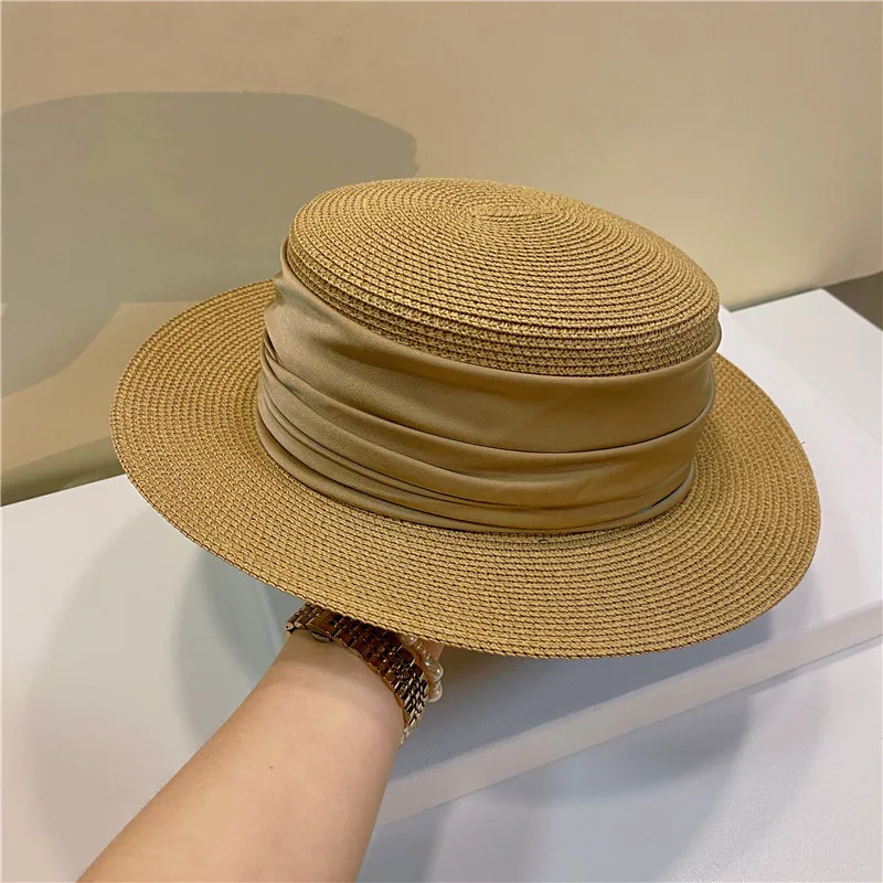 Шляпа женская Соломенная из рафии элегантная пляжная Панама с шелковым шарфом