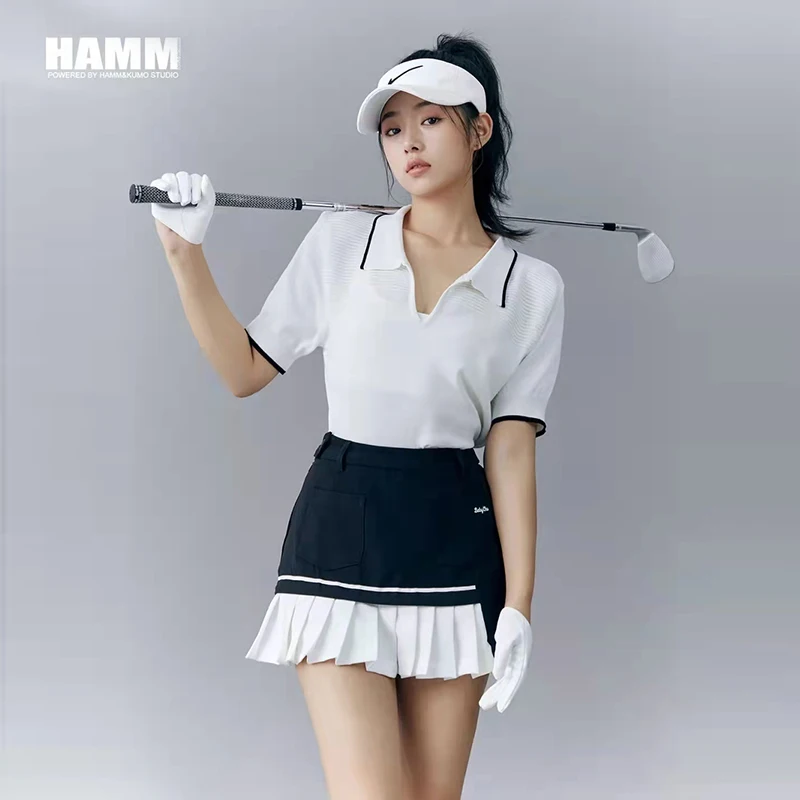 

Golf Clothing Women's Suit POLO White Short Sleeve Golf Black Pleated Skirt