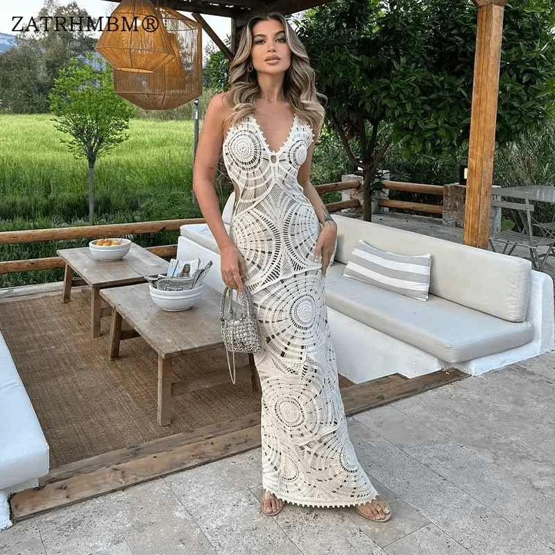 

ZATRHMBM Women 2023 New Fashion Openwork Crochet Dress Vintage Sleeveless Sexy Backless Female Dresses Vestidos Mujer