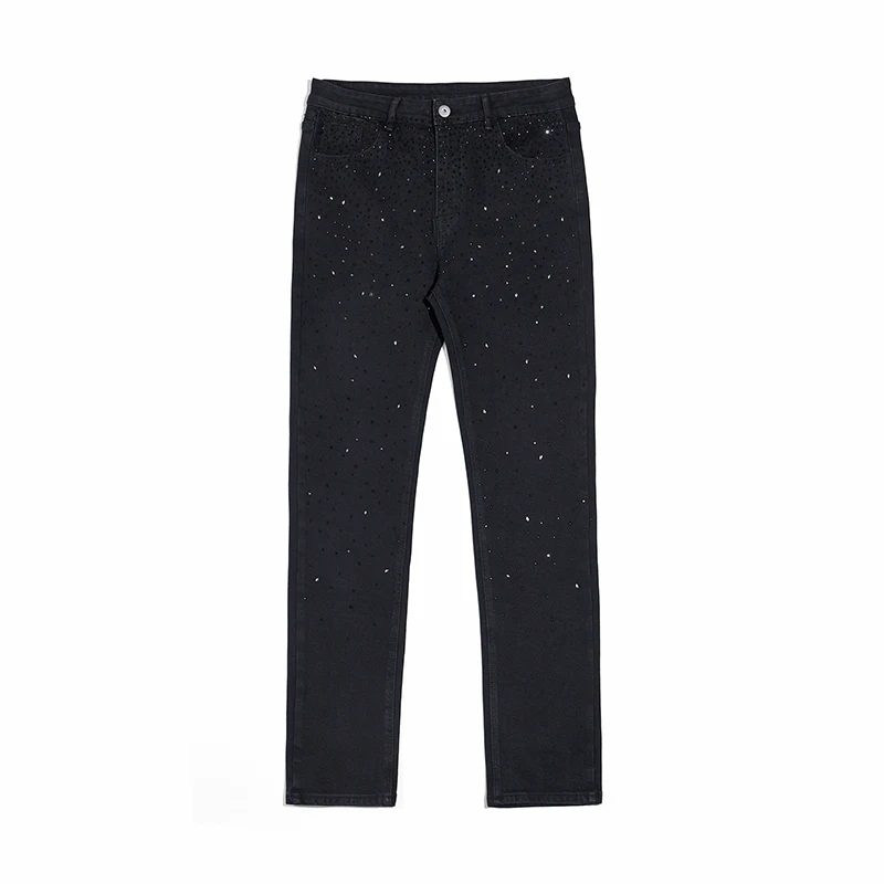 

Retro High Street Hot Drill Straight Washed Denim Pants Mens Pockets Black Rhinestone Streetwear Loose Casual Jeans Trousers