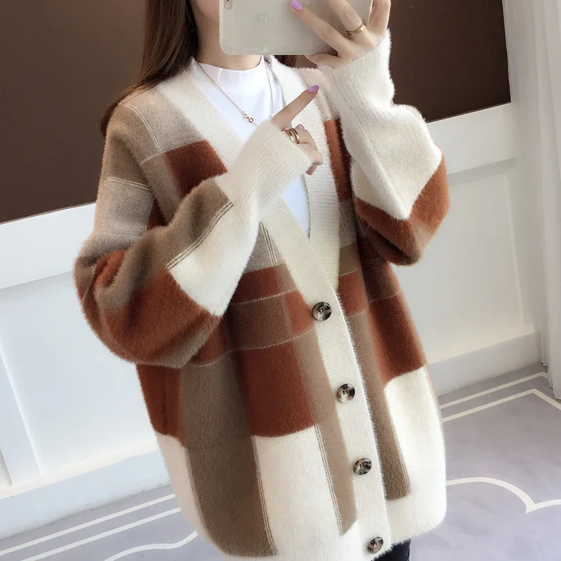 

Mink Like Sweater for Women's Coat Autumn and Winter New Loose Western-style Checked Color Contrast Knitted Cardigan for Women