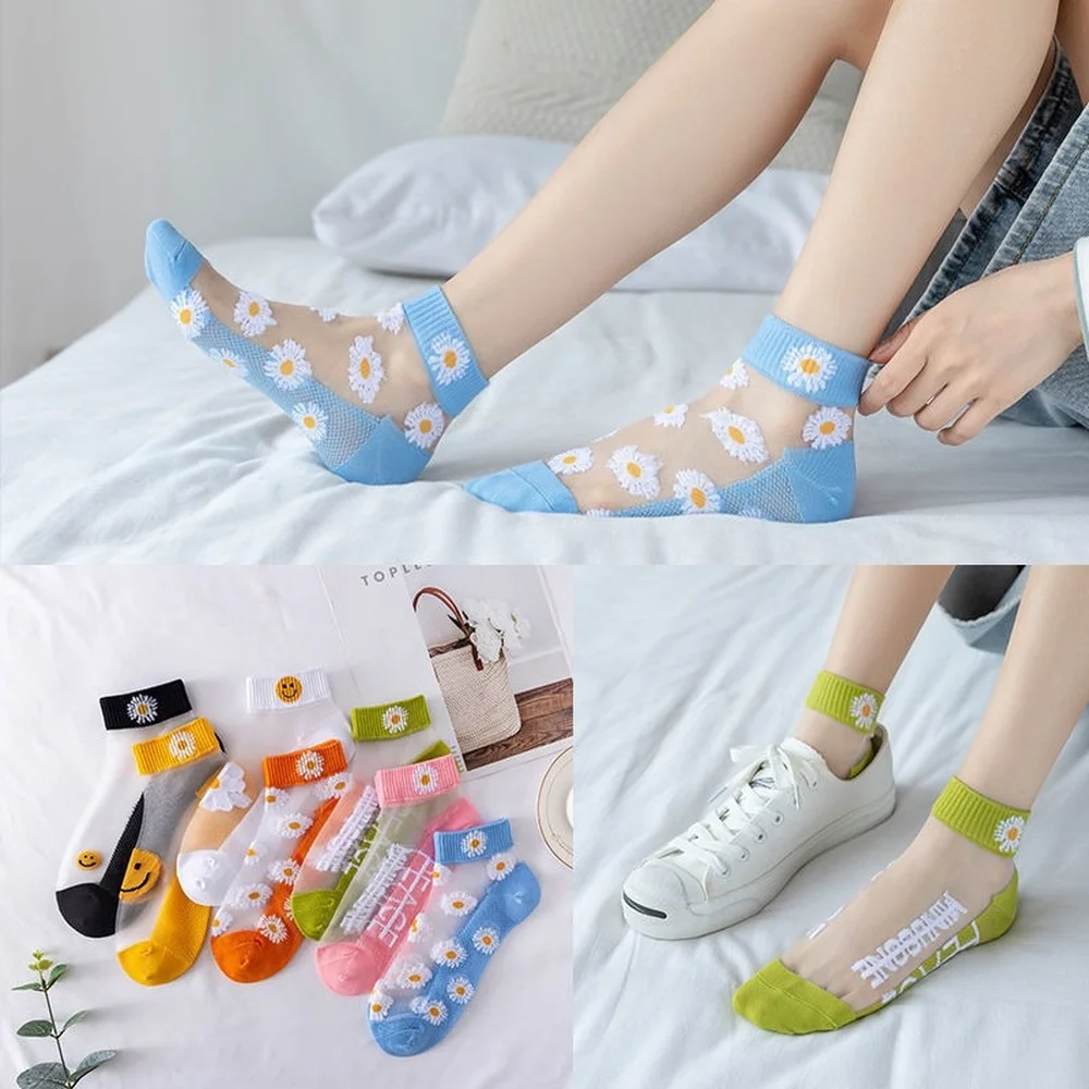 10 Pairs Japanese Fashion Crystal Sheer Socks Spring Summer Daisy Embroidered Socks Girl Ankle Socks Kawaii Transparent Socks